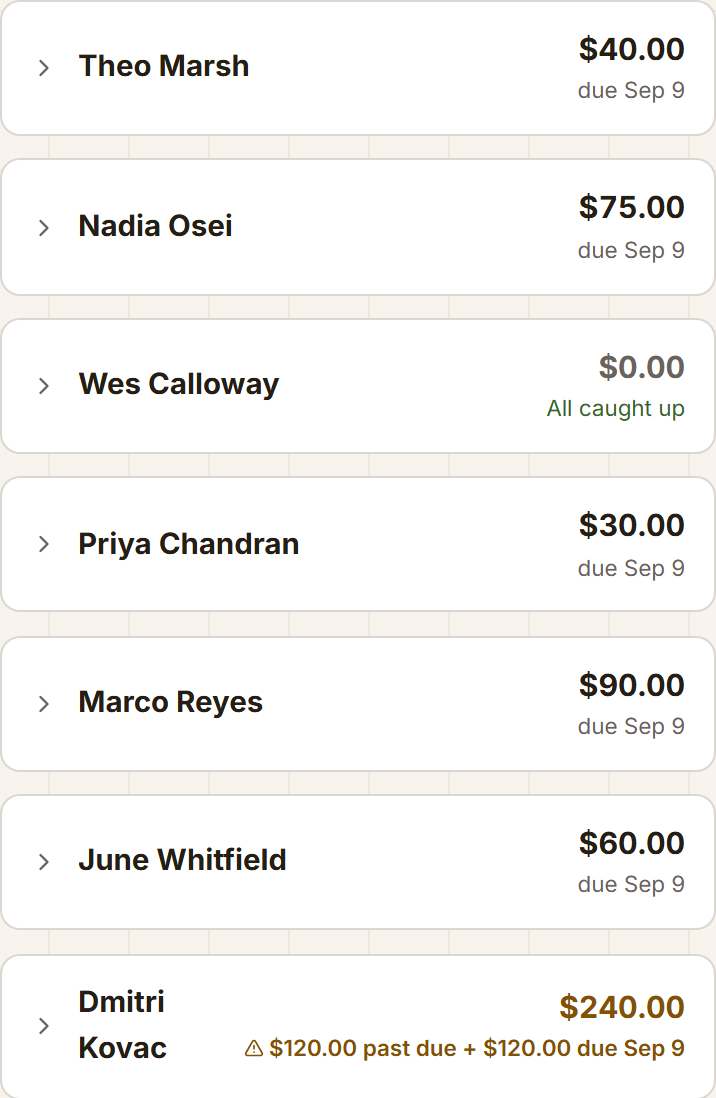The Player Dues screen as a coach sees it on a phone: one card per family, each giving the player’s name, what they still owe and when it is next due — most of them a plain amount, one written in amber because part of it is already past due.