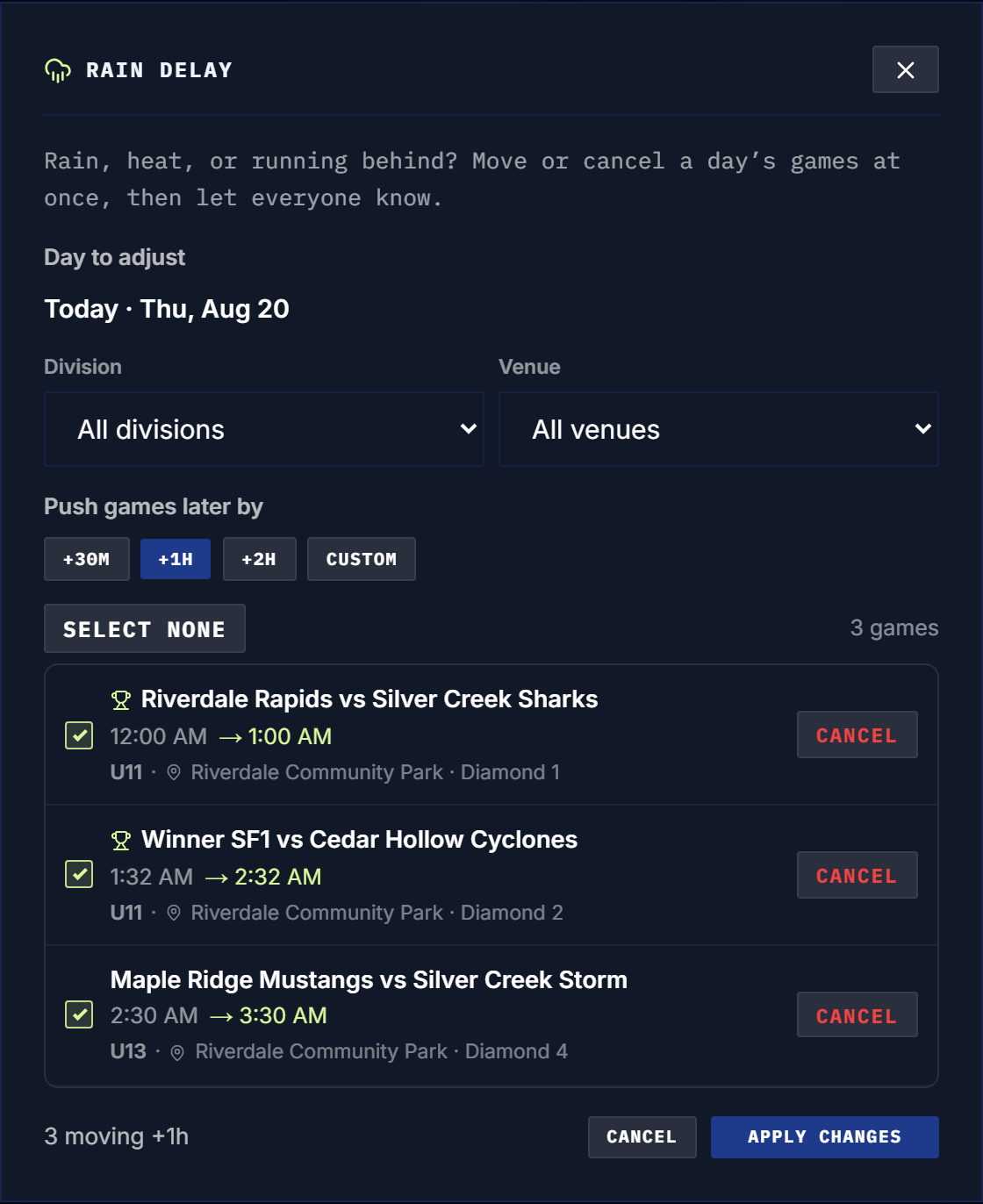 The Rain delay dialog over the admin schedule: pick the day and how long the delay is, and every remaining game on that day moves together.
